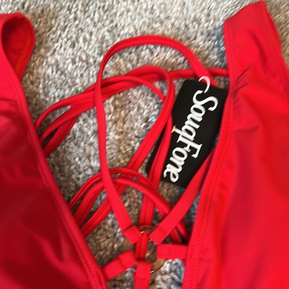 Tag on Red Plunge Lace Up One Piece Swimsuit O Ring Bathing Suits Swimwear - Picture 7 of 8